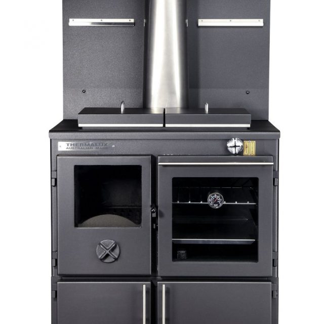 Thermalux Clarendon Resl Flame metalic black (body), metalic black (hob), splashback steel base cabinet glass oven door_Wignells