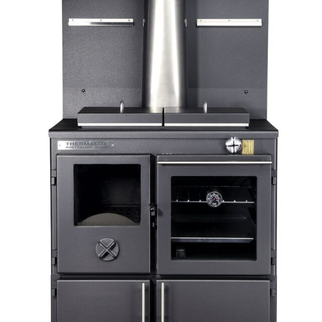 Thermalux Clarendon Resl Flame metalic black (body), metalic black (hob), splashback steel base cabinet glass oven door_Wignells