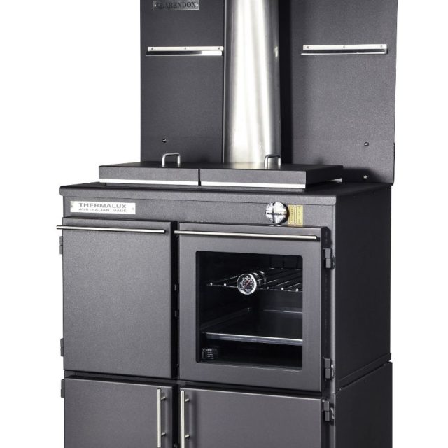 Thermalux Clarendon metalic black (body), metalic black (hob), splashback steel base cabinet glass oven door_Wignells